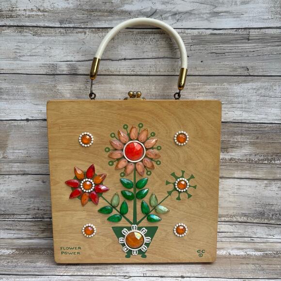 VTG Enid Collins of Texas Wooden Box Purse Bejeweled Flower Power Orange Artsy - Picture 1 of 16